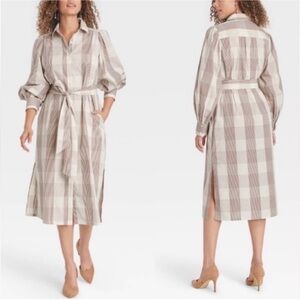 A New Day High Cuff Shirt Dress Woman’s SZ M Cream Brown Plaid Maxi Long Sleeve
